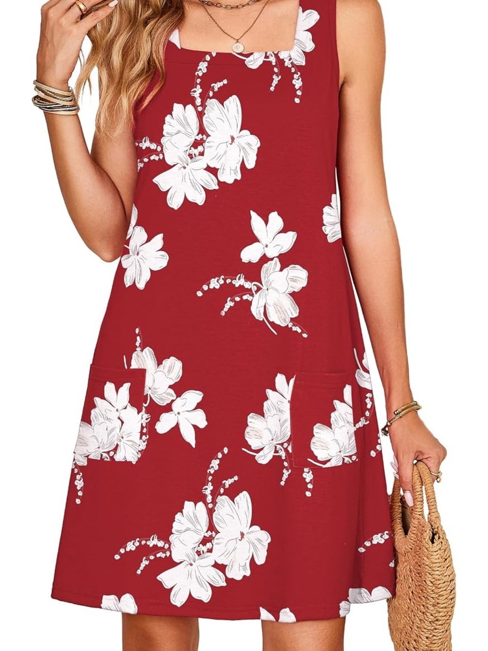 Sleeveless Red Floral Shift Dress - White Bloom Print